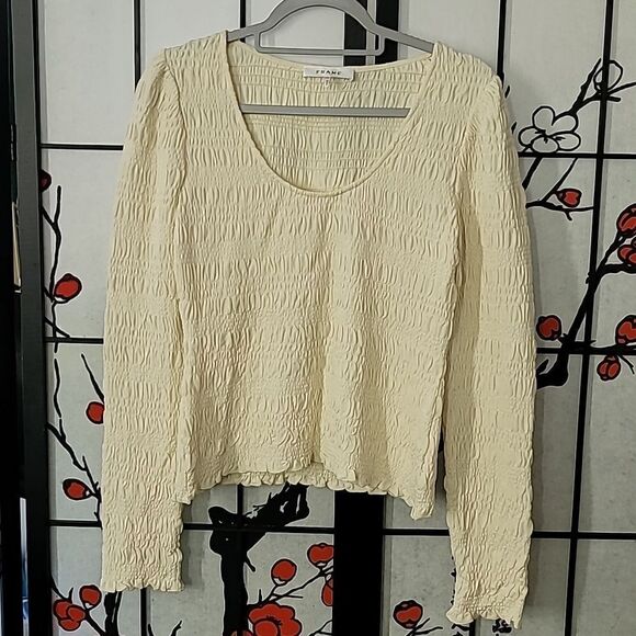 FRAME Smocked Scoop Neck Top Long Sleeve Cream Bone Stretch - Picture 2 of 10
